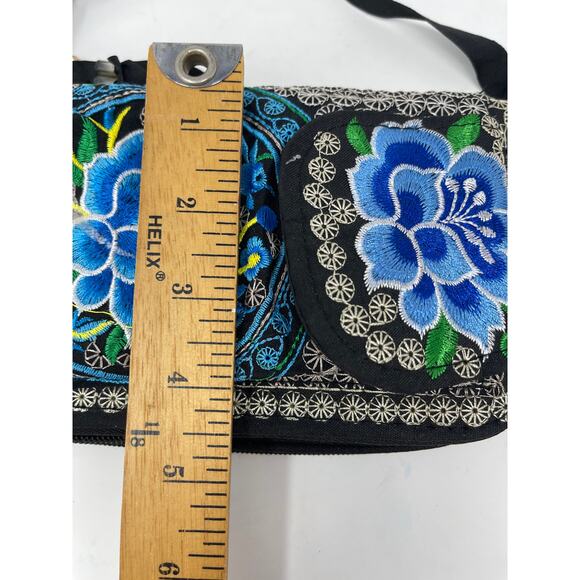 Blue & Black Rose Embroidery Tapestry Zip Around Crossbody Wallet~Made in Mexico - Picture 10 of 12